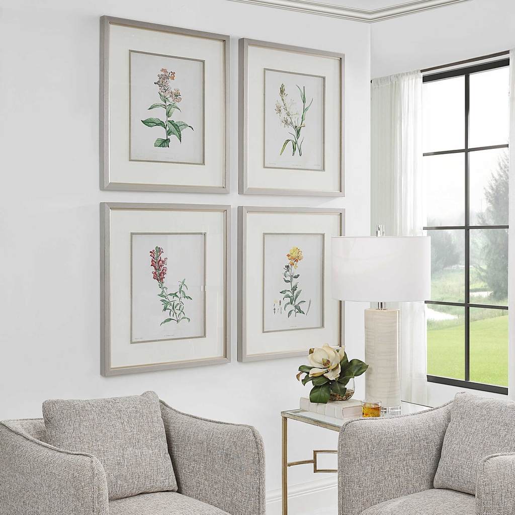 Decorative View. The Heirloom Blooms Study is a set of four prints of antique blooms that have been 