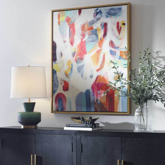 Decorative View. Giclee on canvas, this abstract piece features a rainbow effect of splashy colors h