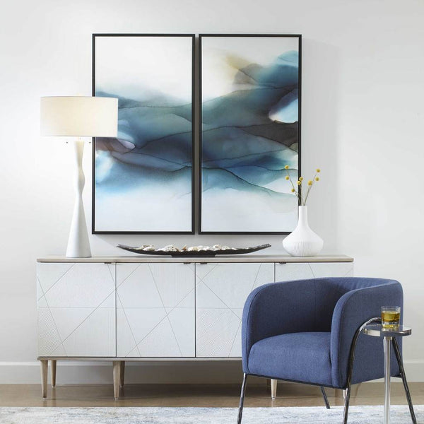 Decorative View. The september desert giclee on canvas exibits a modern watercolor of serene navy, t