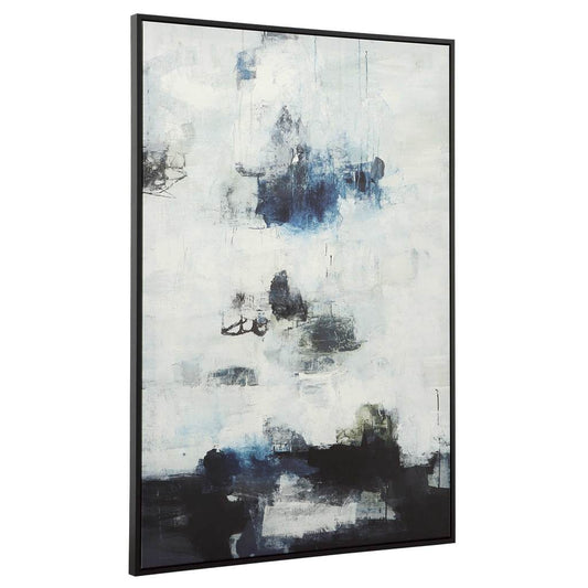 Angle View. Masculine meets modern in the black and blue framed canvas with shady dark tones and bol