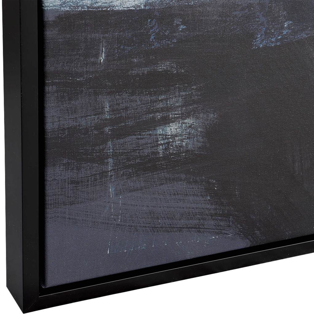 Close-Up View. Masculine meets modern in the black and blue framed canvas with shady dark tones and 