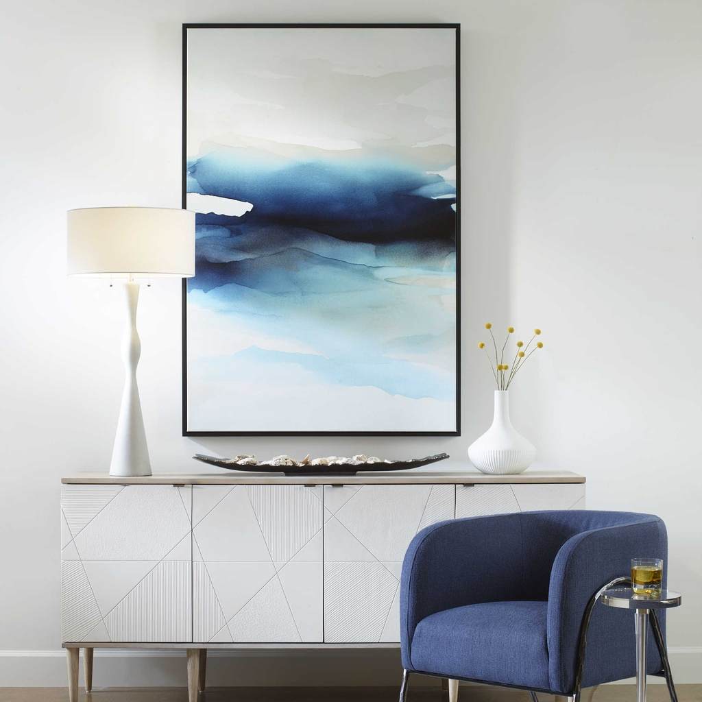 Decorative View. This abstract interpretation of crashing waves showcases a rich blue color palette 