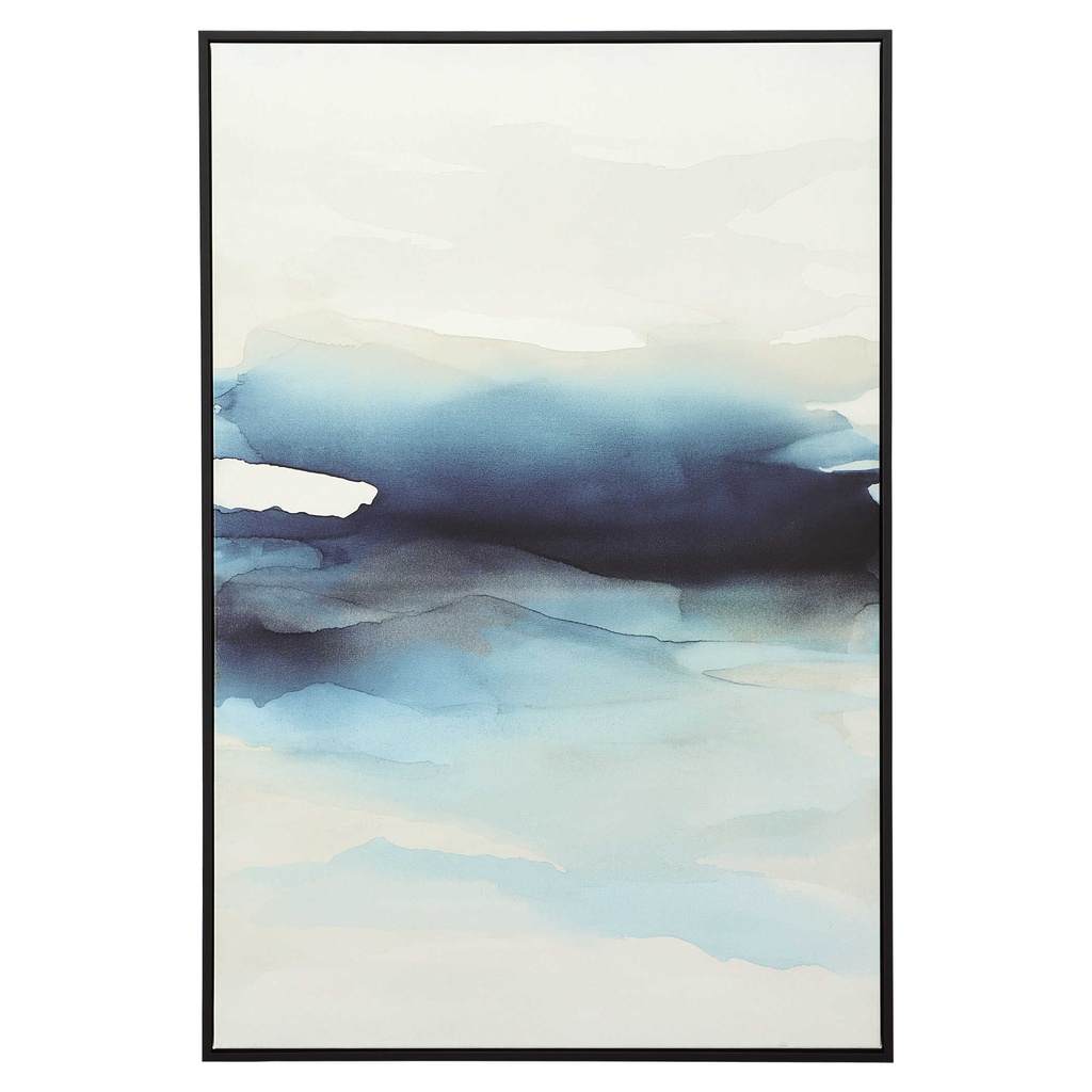 Front View. This abstract interpretation of crashing waves showcases a rich blue color palette with 