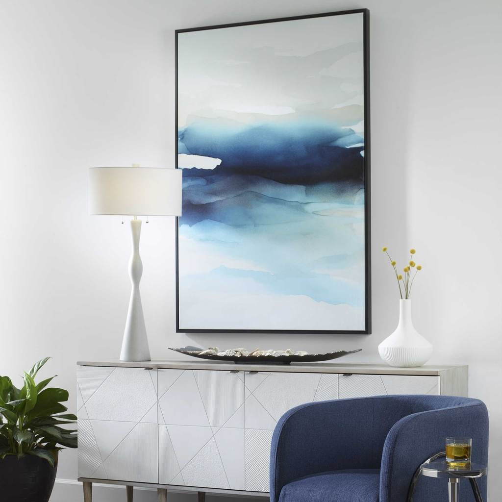 Decorative View. This abstract interpretation of crashing waves showcases a rich blue color palette 