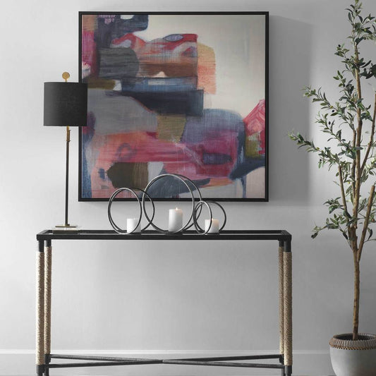 Decorative View. The geranium and ginger framed canvas captures a wide array of earthy tones and is 