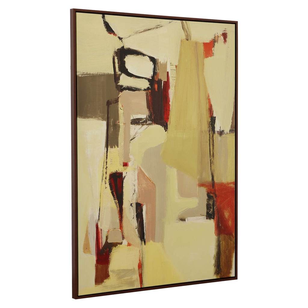 Angle View. Shades of beige, red, and taupe make up this mixed media giclee on canvas. Complimented 