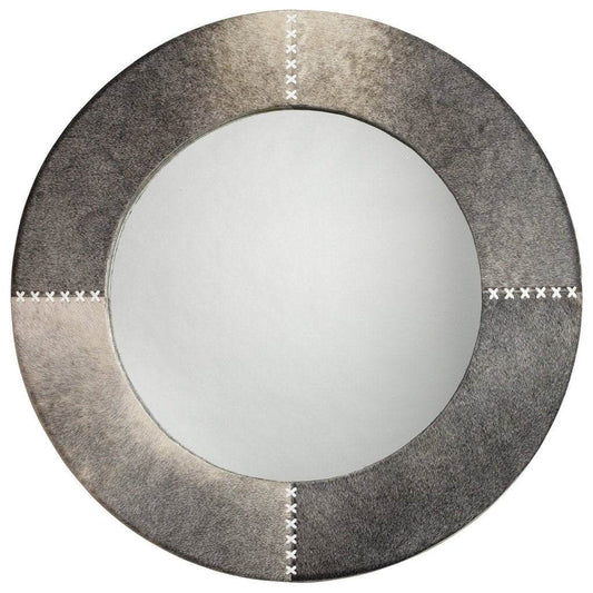 Round Cross Stitch Mirror in Grey Hide Jamie Young Aura of Distinction