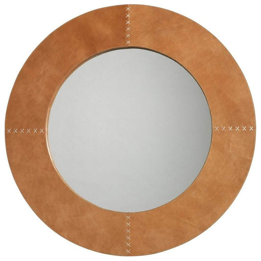 Round Cross Stitch Mirror in Buff Leather Jamie Young Aura of Distinction