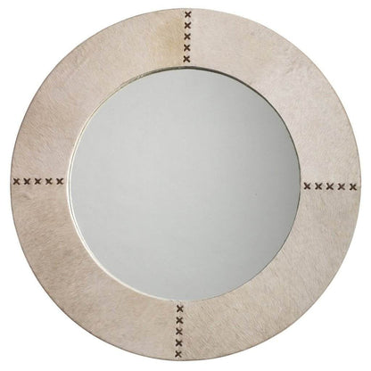 Round Cross Stitch Mirror in White Hide Jamie Young Aura of Distinction