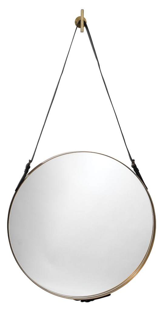 Large Round Mirror in Antique Brass & Black Leather Strap Jamie Young Aura of Distinction