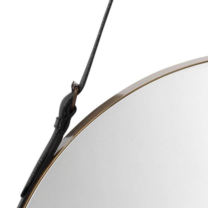 Large Round Mirror in Antique Brass & Black Leather Strap Jamie Young Aura of Distinction