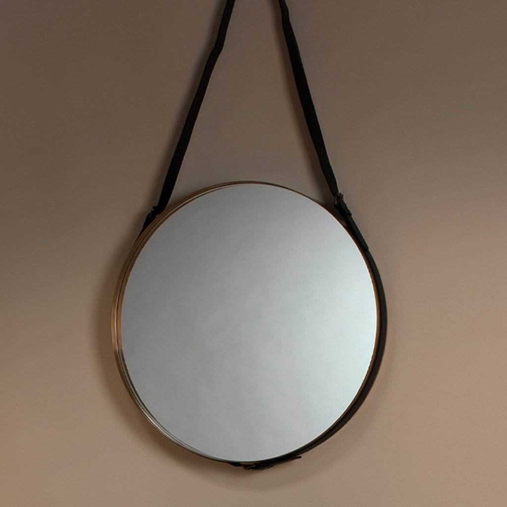 Large Round Mirror in Antique Brass & Black Leather Strap Jamie Young Aura of Distinction