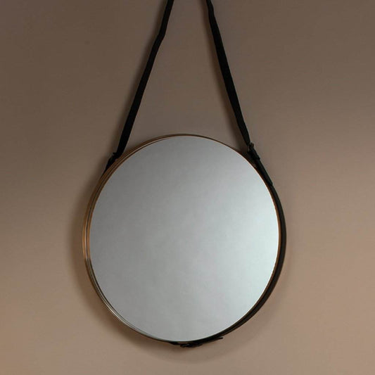 Large Round Mirror Antique Brass Black Leather Strap Jamie Young