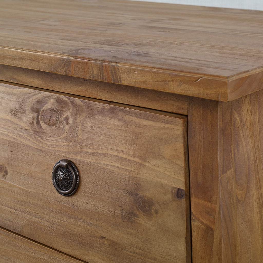 Close-Up View. The Gavorrano Foyer Chest is made from reclaimed pine finished in a honey stain. It i