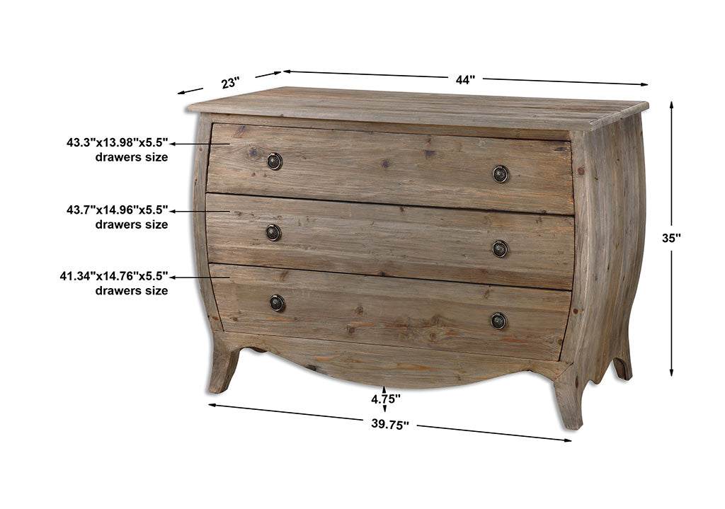 Measurement View. The Gavorrano Foyer Chest is made from reclaimed pine finished in a honey stain. I