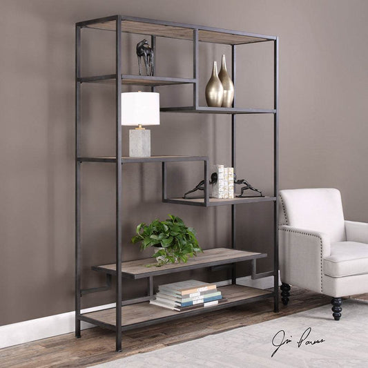 Decorative View. The Sherwin Industrial Etagere features a six-shelf design that offers fun display 