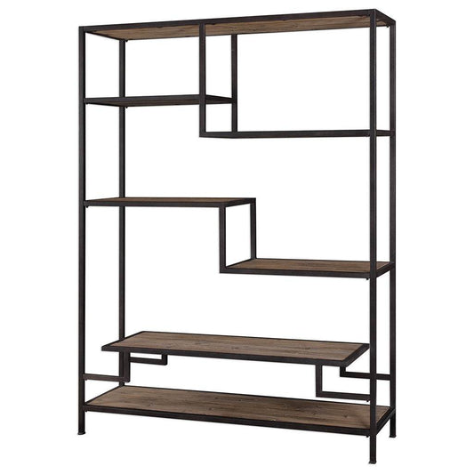 Angle View. The Sherwin Industrial Etagere features a six-shelf design that offers fun display optio