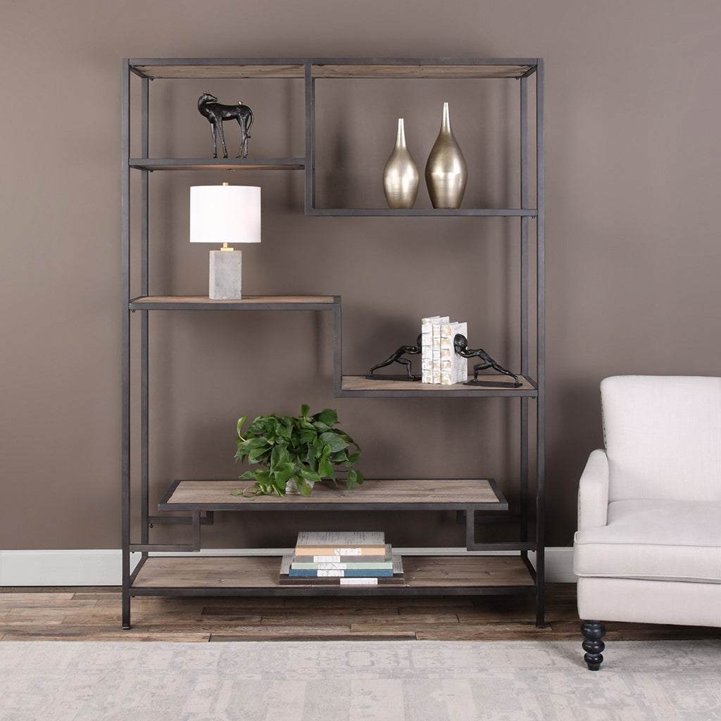 Decorative View. The Sherwin Industrial Etagere features a six-shelf design that offers fun display 