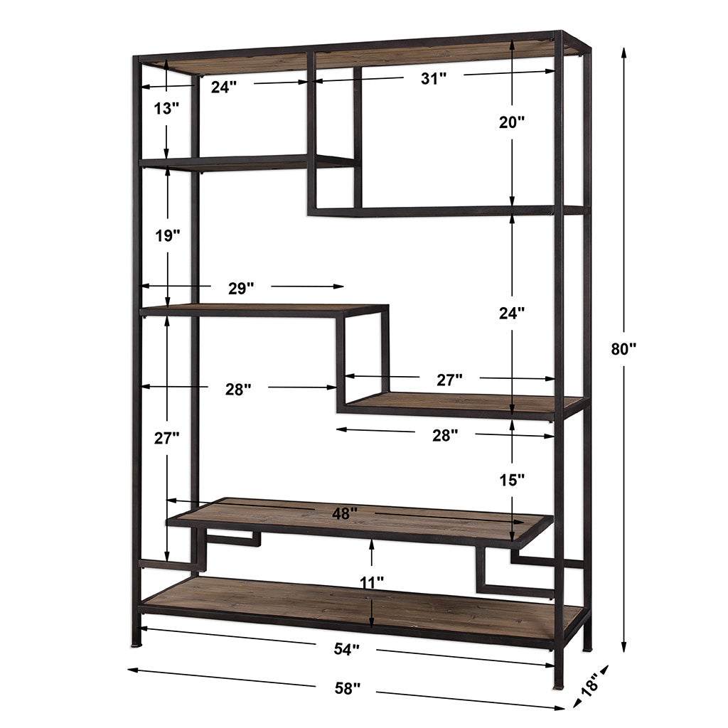 Measurement View. The Sherwin Industrial Etagere features a six-shelf design that offers fun display