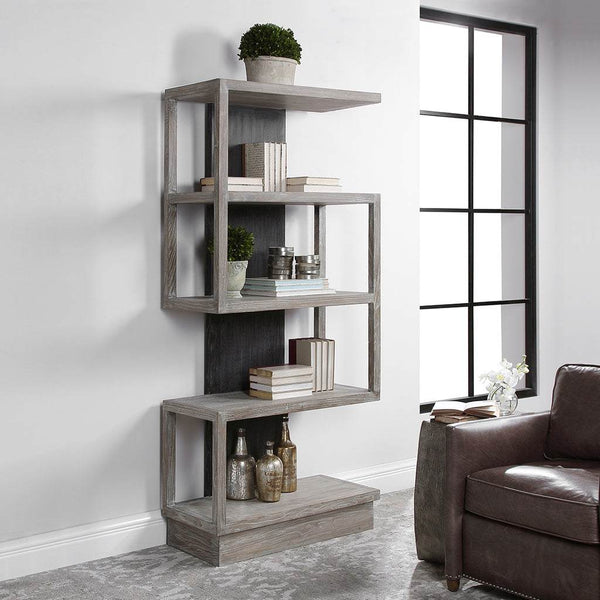 Decorative View. The dramatic contrast of the Nicasia asymmetrical etagere gives an updated contempo
