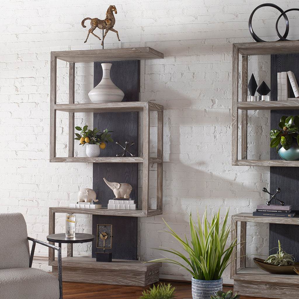 Decorative View. The dramatic contrast of the Nicasia asymmetrical etagere gives an updated contempo