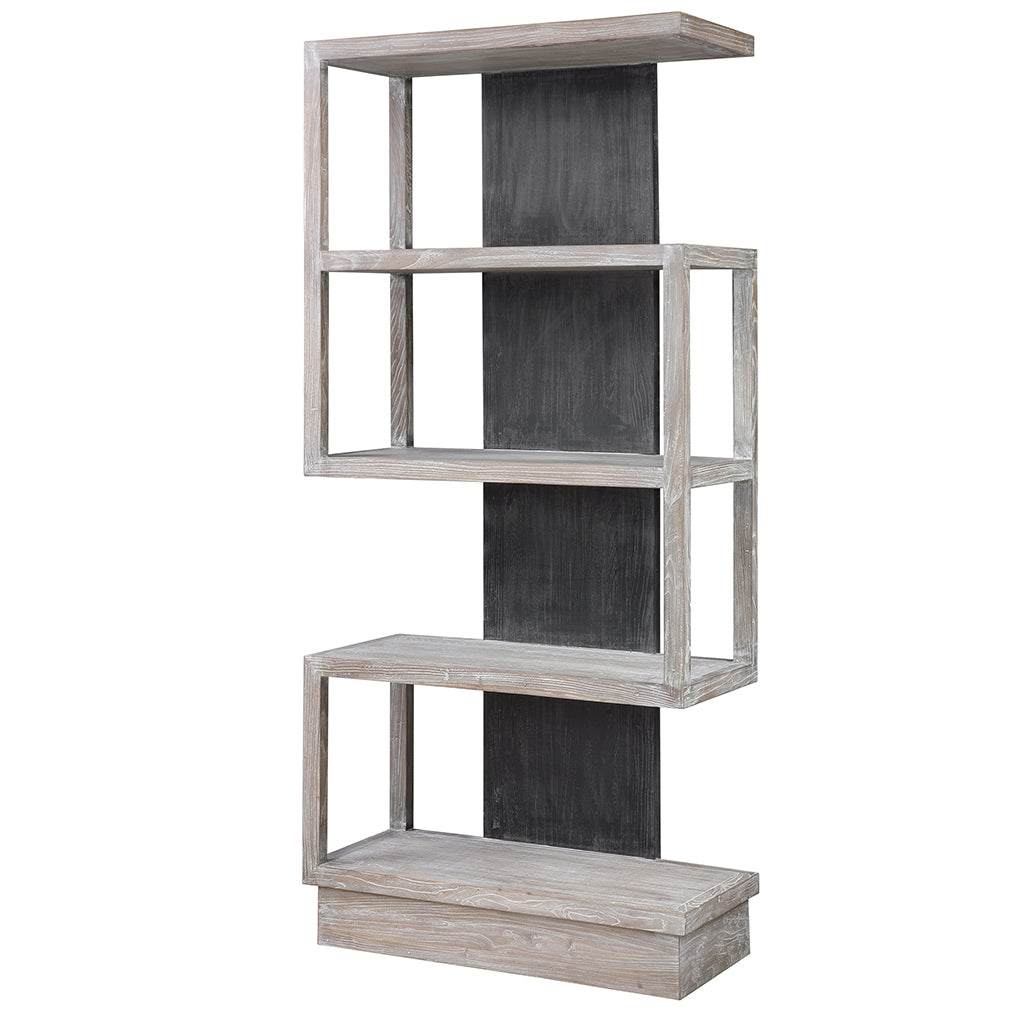 Angle View. The dramatic contrast of the Nicasia asymmetrical etagere gives an updated contemporary 