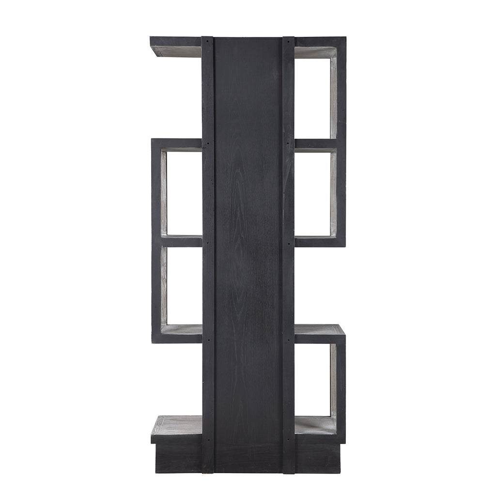 Back View. The dramatic contrast of the Nicasia asymmetrical etagere gives an updated contemporary f