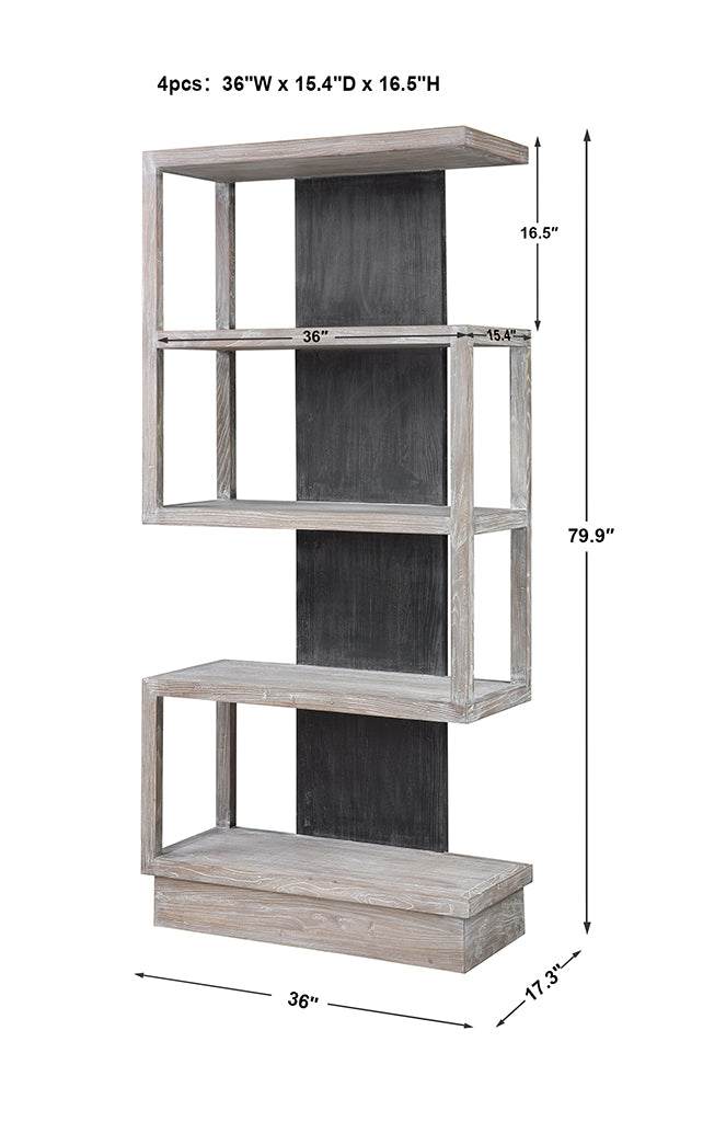 Measurement View. The dramatic contrast of the Nicasia asymmetrical etagere gives an updated contemp