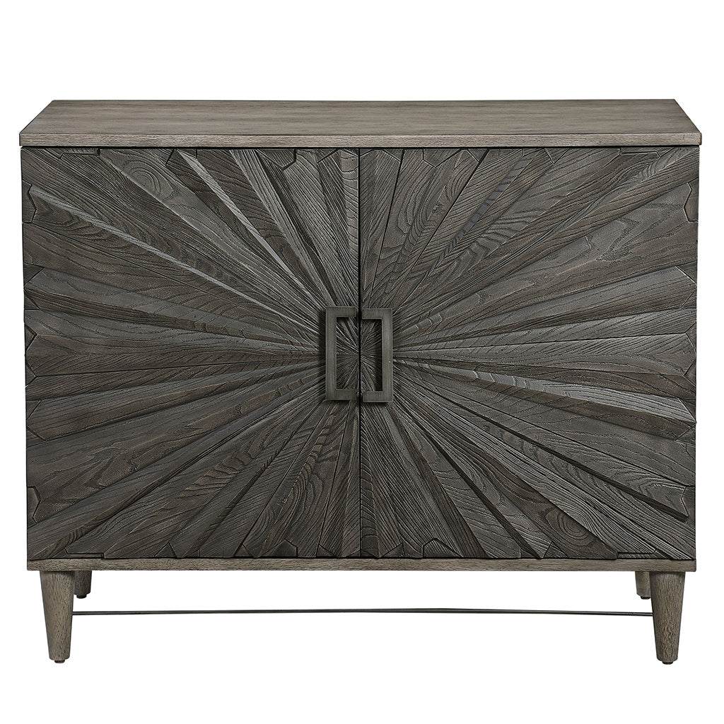 Front View. Inspired by global bohemian style, the Shield gray two door cabinet features a striking 