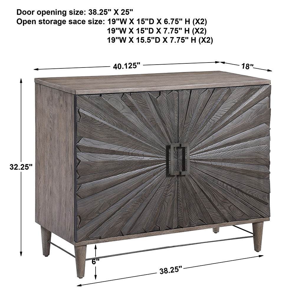 Measurement View. Inspired by global bohemian style, the Shield gray two door cabinet features a str