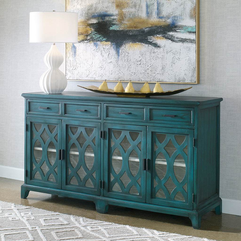 Decorative View. Featuring solid wood construction, the Oksana Wooden Credenza showcases enhanced ca