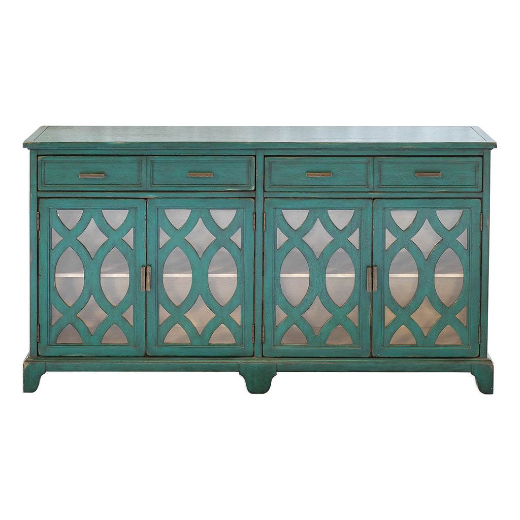 Front View. Featuring solid wood construction, the Oksana Wooden Credenza showcases enhanced cabinet