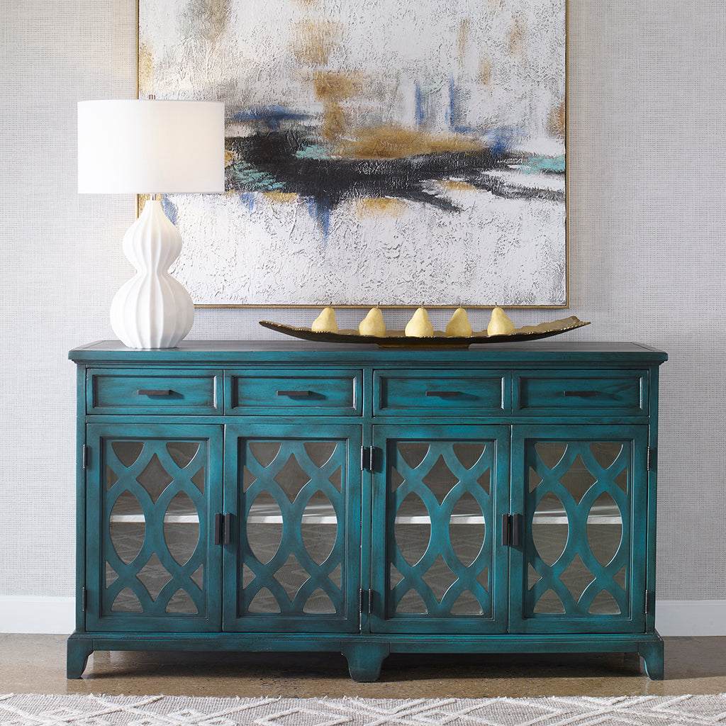 Decorative View. Featuring solid wood construction, the Oksana Wooden Credenza showcases enhanced ca